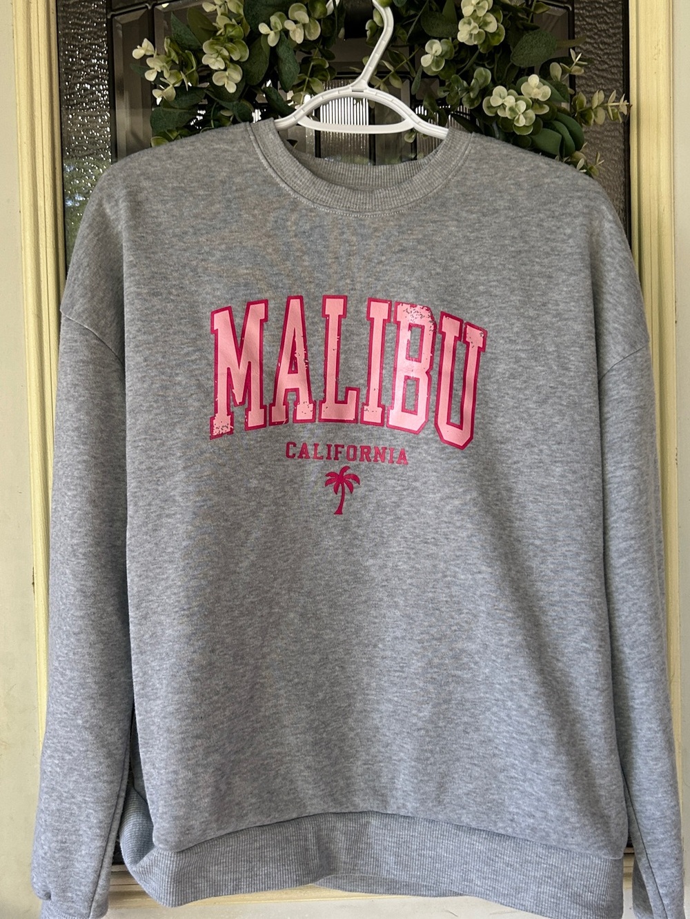 SHEIN Grey Crewneck Sweatshirt with Pink Malibu Logo small